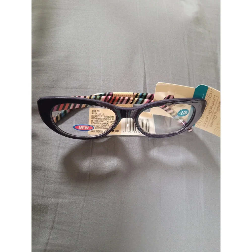 Cat Eye Reading Glasses Navy Whymsigoth Eclectic Multi Stripe +2.00 Strength NWT